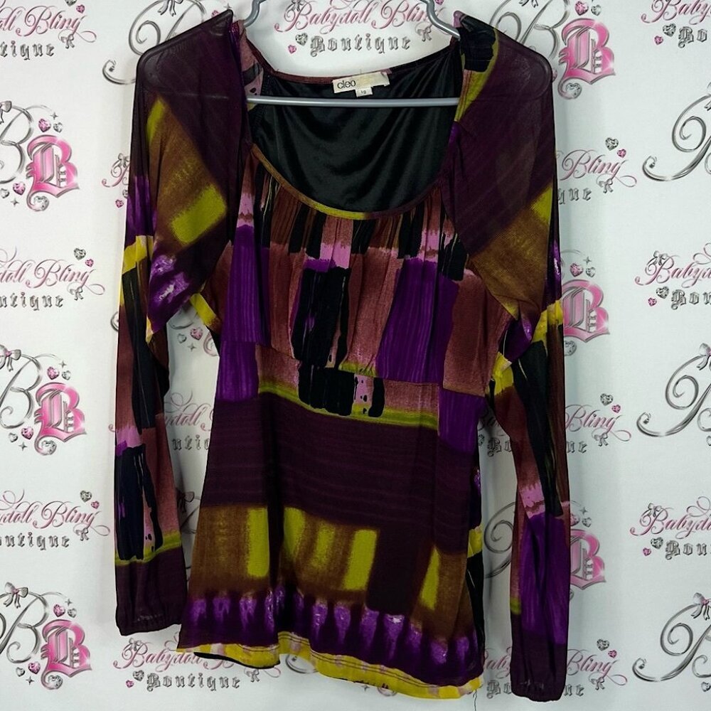 Cleo long sleeve abstract mesh squares artistic Purple and Yellow Women's Blouse